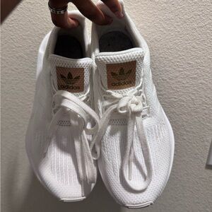adidas White Knit Sneakers with Tan Logo Patch